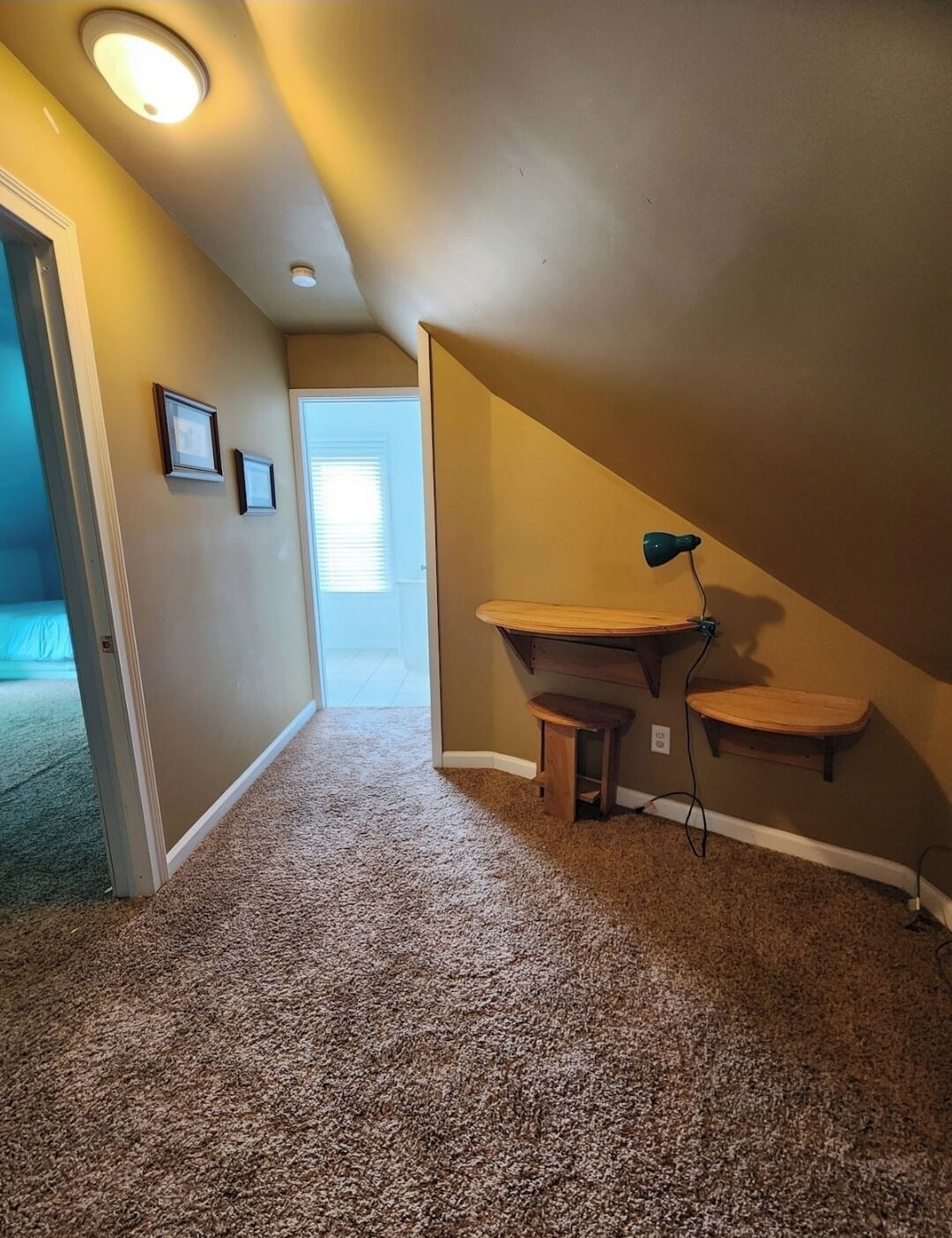 Un pasillo con alfombra, una lámpara en el techo y una puerta que da a otra habitación.