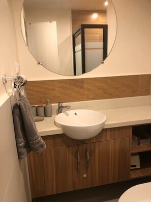Shower, hair dryer, bidet, towels