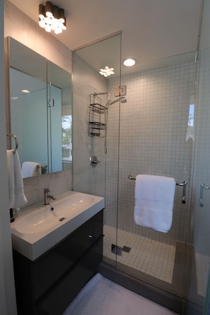 Shower, towels, soap, shampoo