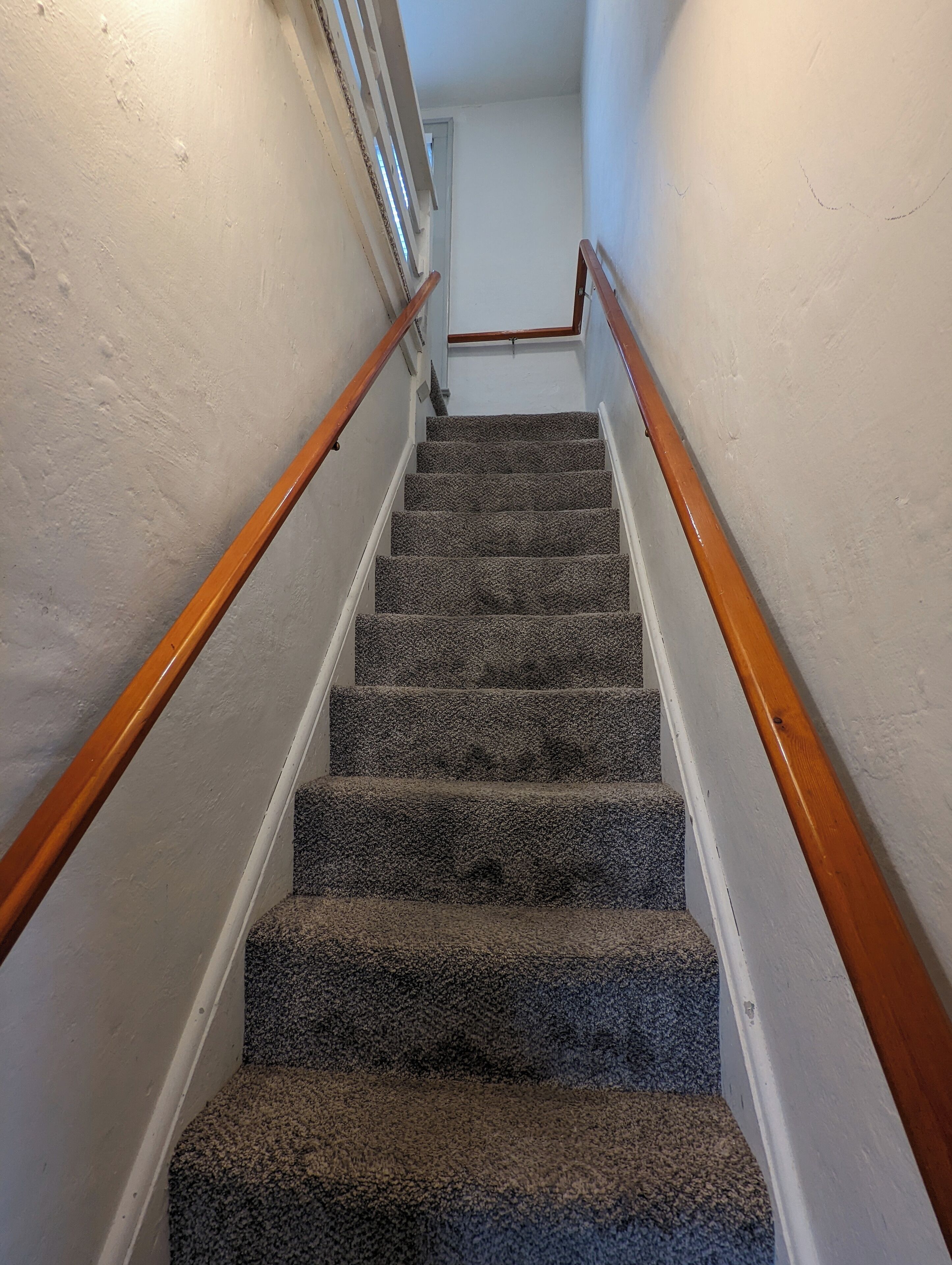 A carpeted staircase with wooden handrails and white walls.