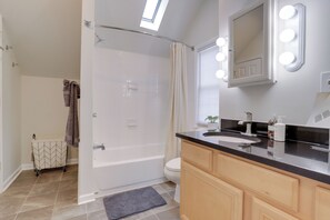 Hair dryer, towels, soap, toilet paper