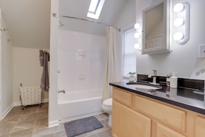 Hair dryer, towels, soap, toilet paper