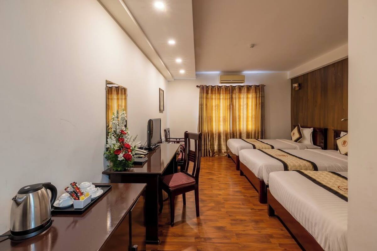 A hotel room with a desk, two beds, a TV, a coffee maker, and a decorative plant.