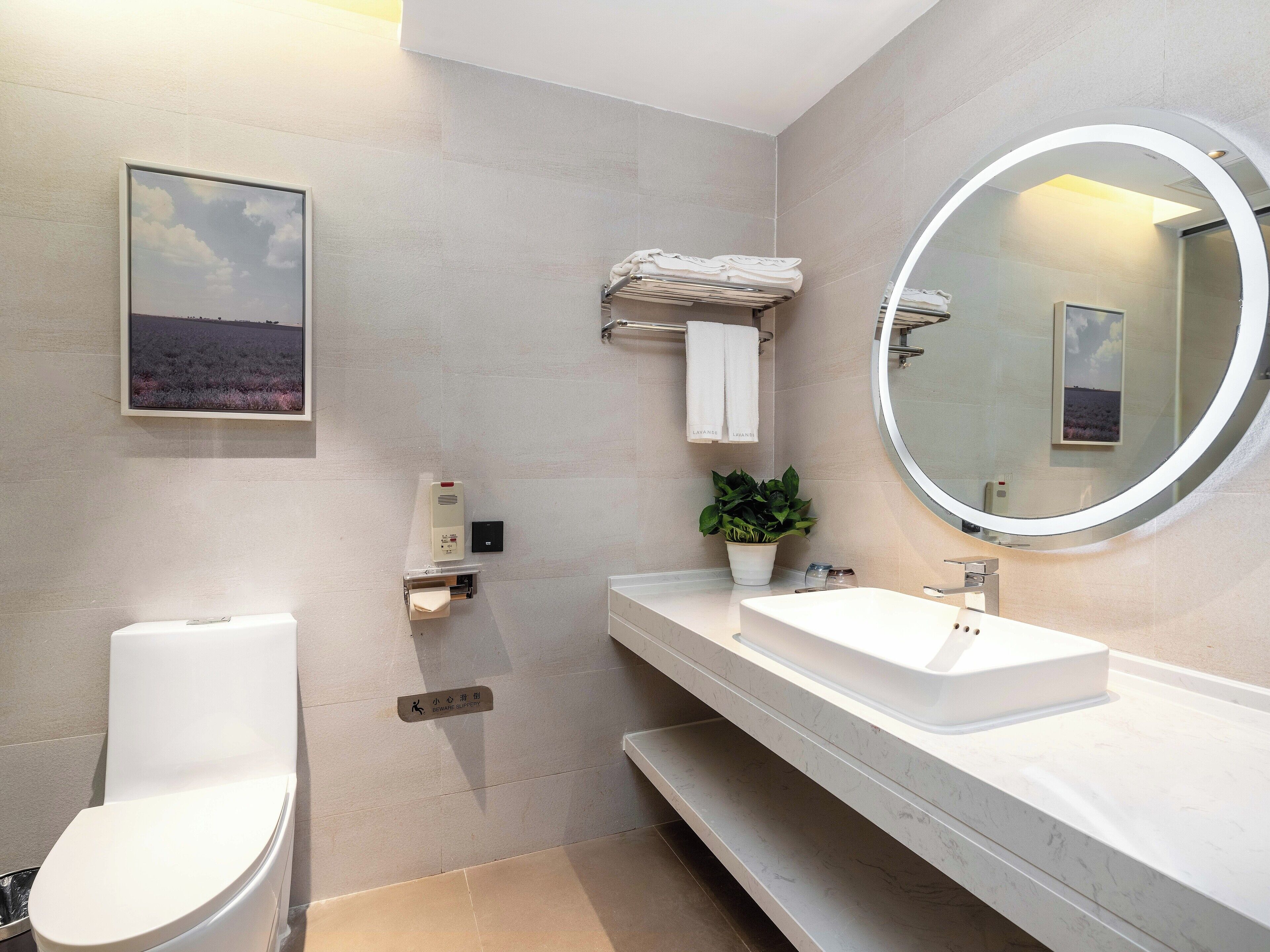 A modern bathroom with a toilet, sink, and mirror.