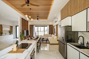 Deluxe Villa, Patio, Pool View | Private kitchen | Full-size fridge, microwave, oven, stovetop