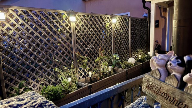 A garden area with wooden planters and a lattice fence.