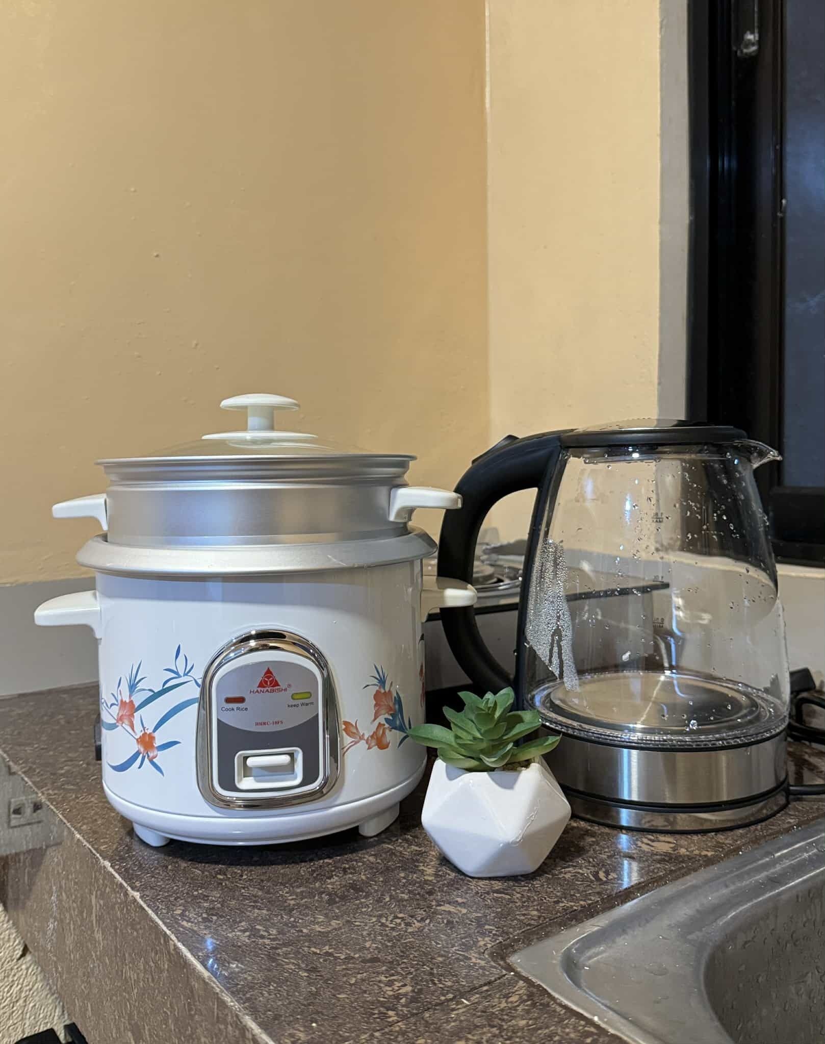 Eine Küche mit einem weißen Slow Cooker, einem Wasserkocher und einem kleinen Topfpflanzen auf der Arbeitsfläche.