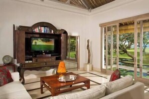 Televisión, reproductor de DVD, libros, biblioteca de música