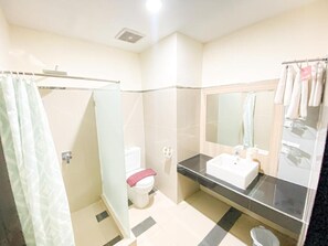 Shower, free toiletries, towels, soap