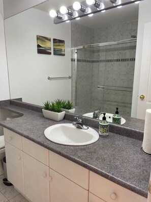 Douche, sèche-cheveux, serviettes fournies, savon