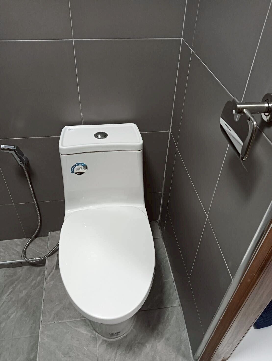 Un baño pequeño con inodoro blanco, cabezal de ducha de mano y grifo empotrado.