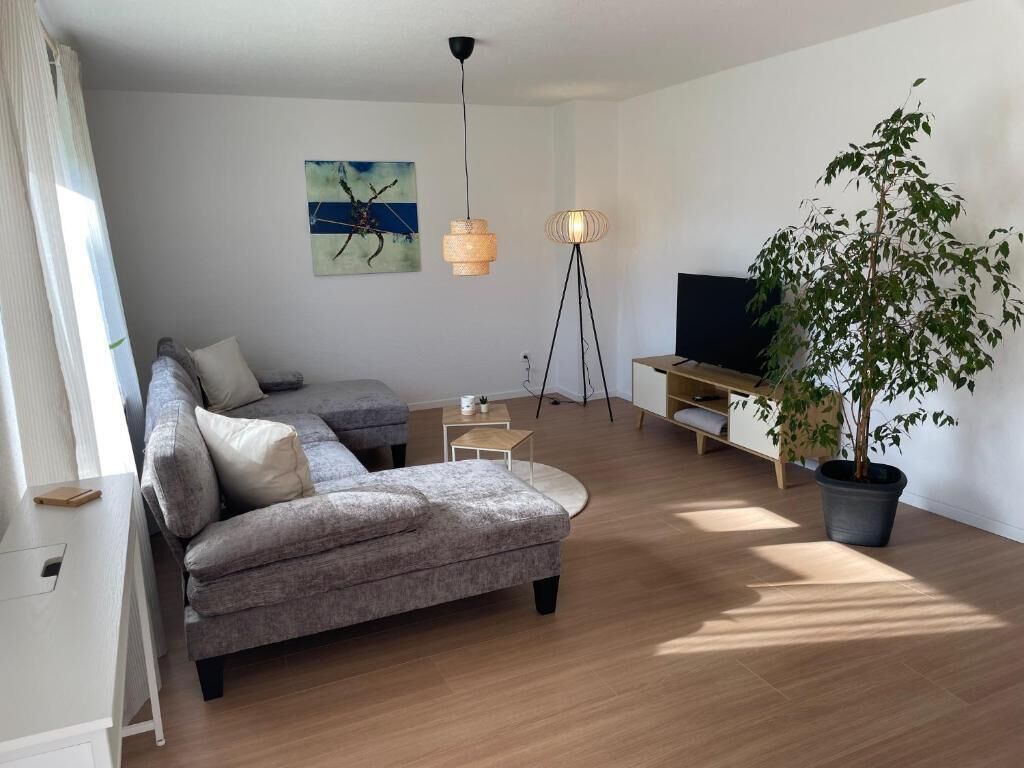 Un salon moderne avec un canapé gris, un téléviseur, une lampe sur pied et une plante en pot.