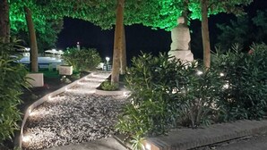 A nighttime garden pathway with trees and a statue. - Polizzihouse - Holiday House with Panoramic Terrace, in the Heart of the Madonie Mountains. (Polizzi Generosa)