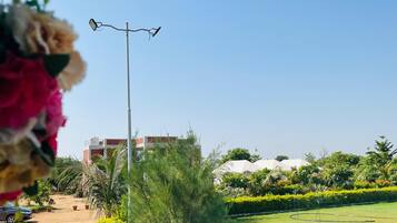 A clear view of a street lamp, a car, and a building in the background.
