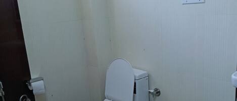 A small, clean bathroom with a toilet, a shower, and a window.