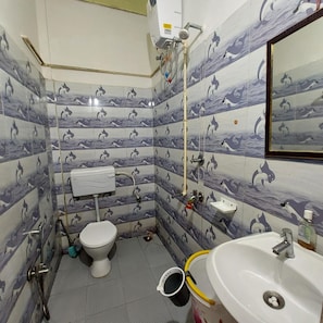 Shower, rainfall showerhead, towels, soap