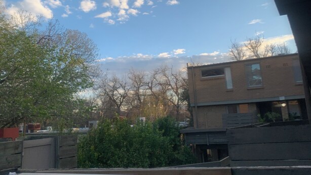 Una azotea con vistas al cielo, edificios y árboles desprovistos de hojas.