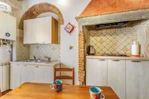 Fridge, electric kettle, toaster, cookware/dishes/utensils