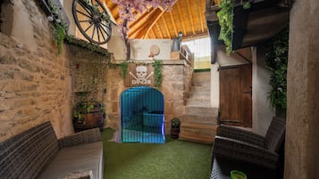 A rustic interior with stone walls, a wooden ceiling, and a blue gate marked 'DANGER'.
