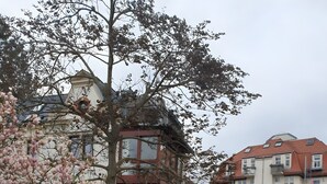 A gated residential area with a building featuring a red roof and multiple windows. - Apartment 2 'Near Blue Wonder' with Shared Terrace, Garden and Wi-Fi (Dresden)