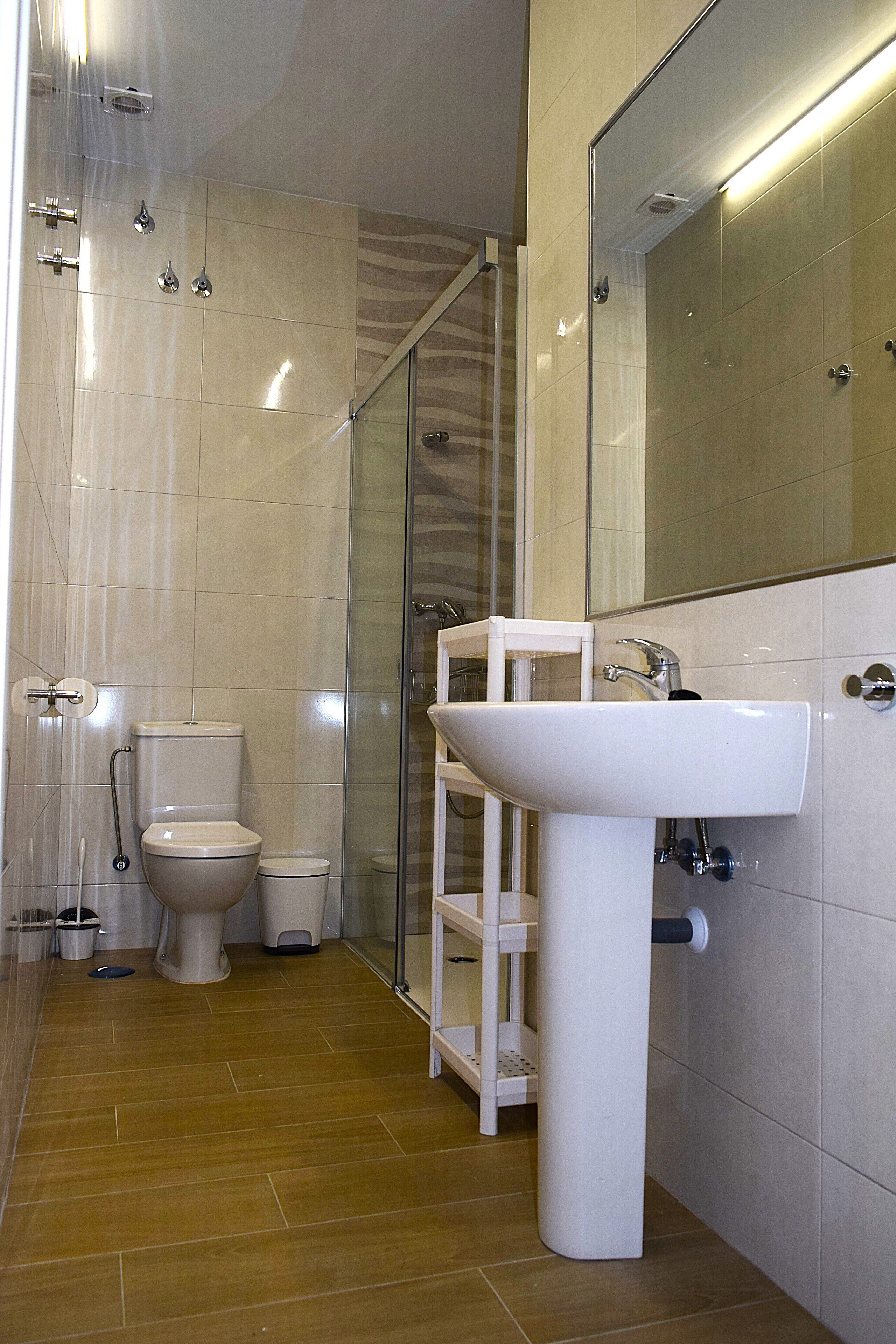 Hair dryer, towels, soap, toilet paper