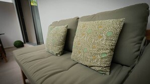 Um sofá com duas almofadas estampadas em um quarto com uma porta de vidro e uma pequena planta verde.