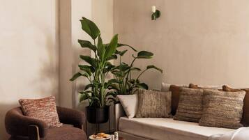 Suite, balcone | Area soggiorno | TV LED 45 pollici con canali satellitari, servizi in streaming