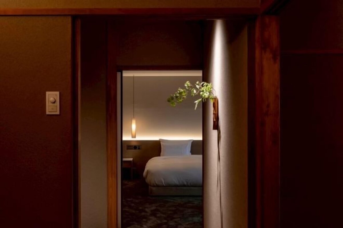 A hotel room with a bed, bedside table, lamp, and a potted plant.