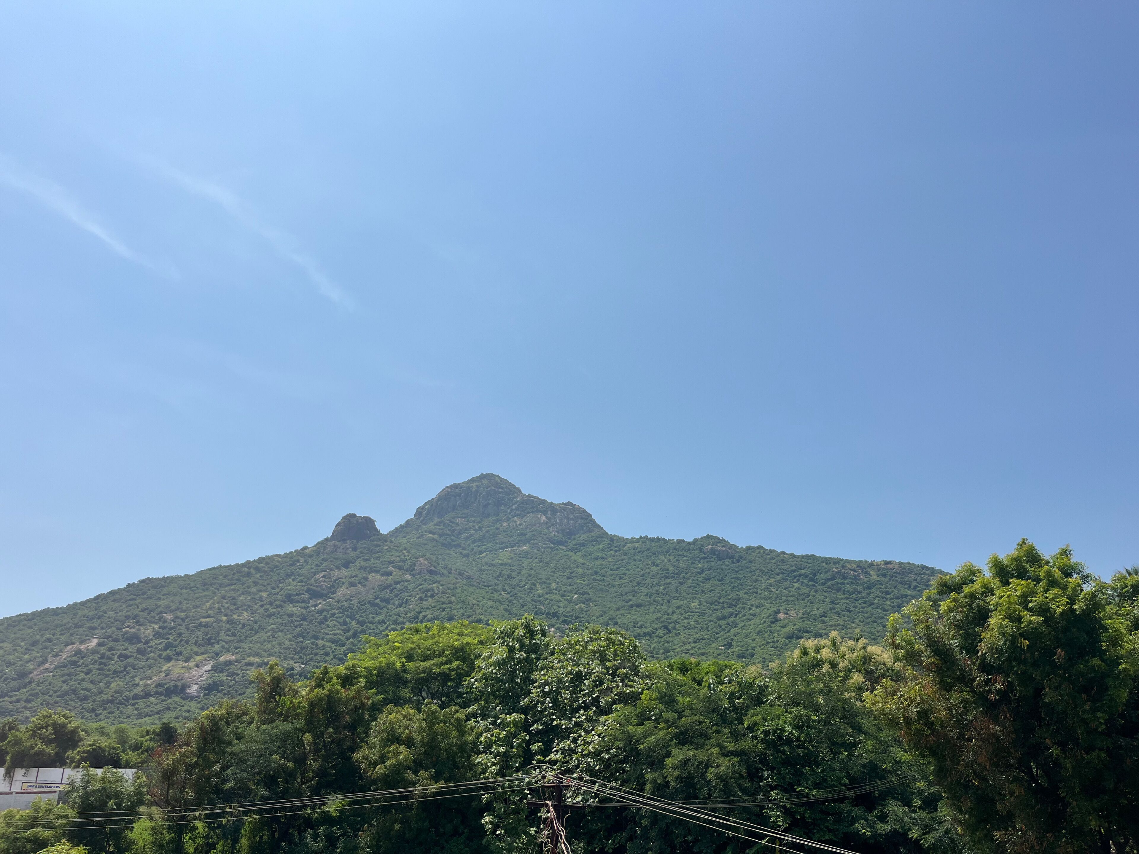 A mountain with dense green vegetation and a clear sky.