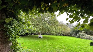A well-maintained lawn with a white bench and a tree providing shade. - Tower room in the Pilsumer Hof (Krummhörn)