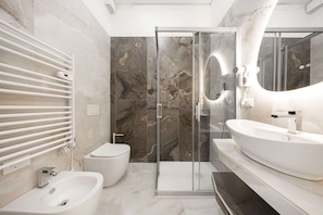 Shower, hair dryer, bidet, towels