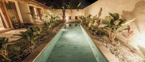 Outdoor pool, pool umbrellas, pool loungers