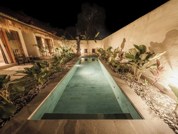 Alberca al aire libre, sombrillas en la alberca y camastros