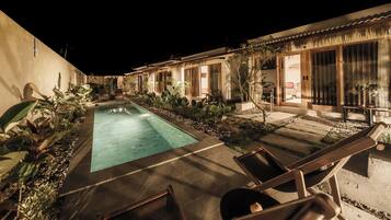 Outdoor pool, pool umbrellas, pool loungers