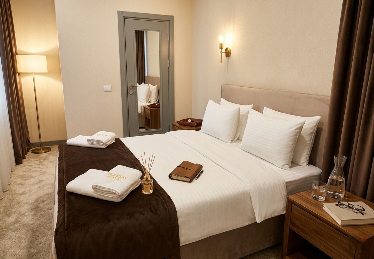 A hotel room with a bed, bedside tables, a lamp, and a mirror.