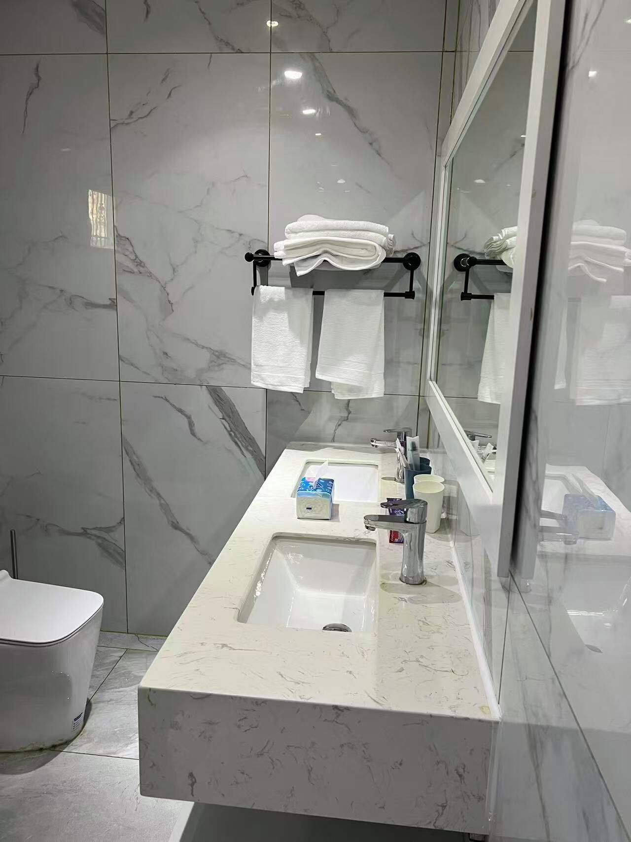 Een moderne badkamer met een marmeren wastafel, een grote spiegel en een toilet.