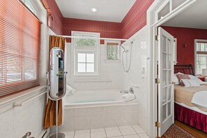 Jetted tub, hair dryer, towels, soap