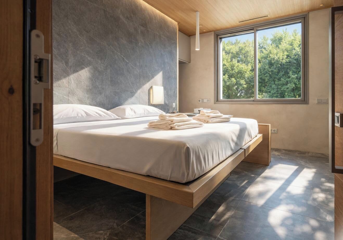 Ein Schlafzimmer mit einem Bett, Nachttischen, einem Fenster und einer Tür.