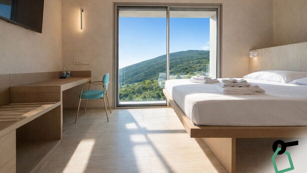 A modern hotel room with a large bed, a desk, and a chair, a view of a mountainous landscape through a sliding door, and a wooden floor. - Hotiday Lerici Trebiano (Arcola)