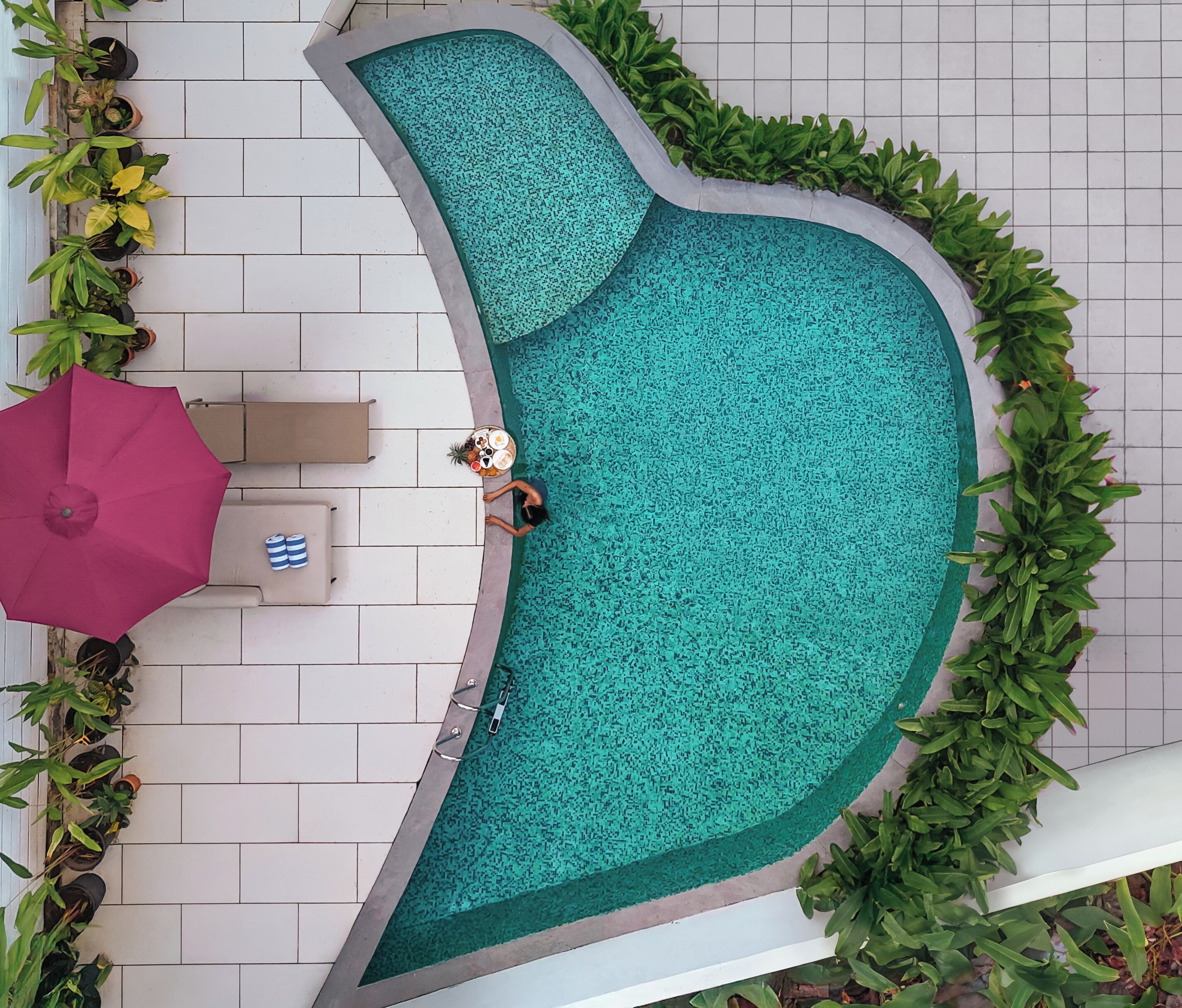 A swimming pool with a curved edge, surrounded by potted plants and a tiled deck.