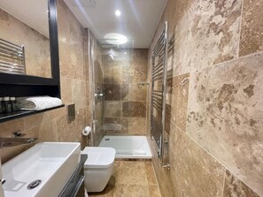 Shower, hair dryer, towels, toilet paper