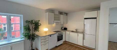 Frigorífico, microondas, horno y placa de cocina