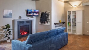 En stue med pejs, en blå sofa, et fjernsyn der viser en sportsbegivenhed, en reol og et billede på væggen.