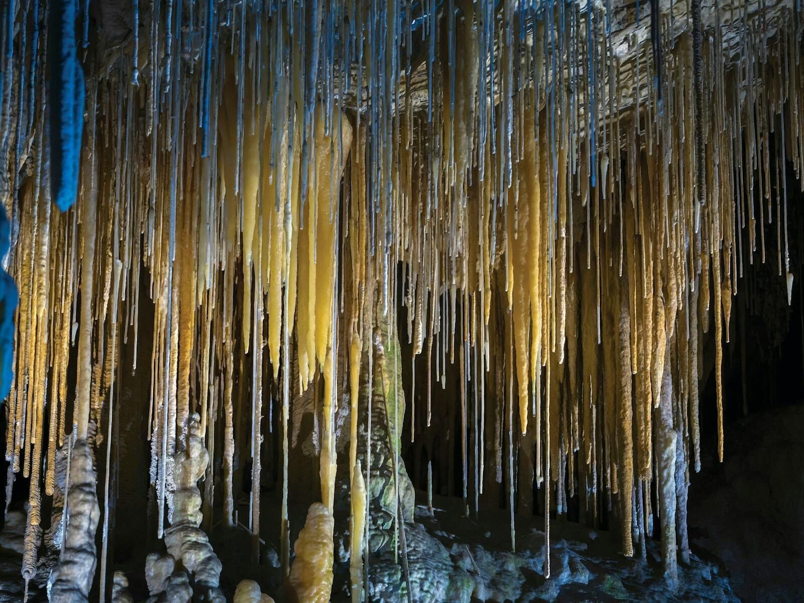 Una cueva con estalactitas colgando del techo.