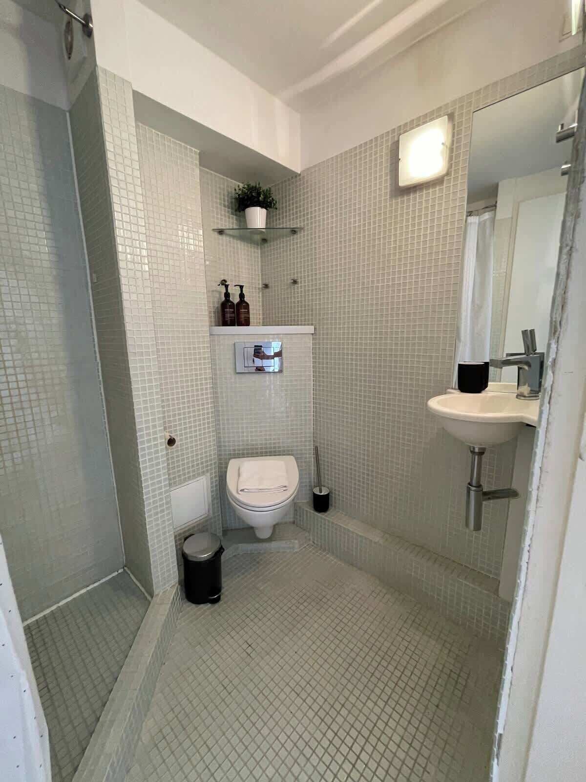 Shower, hair dryer, towels