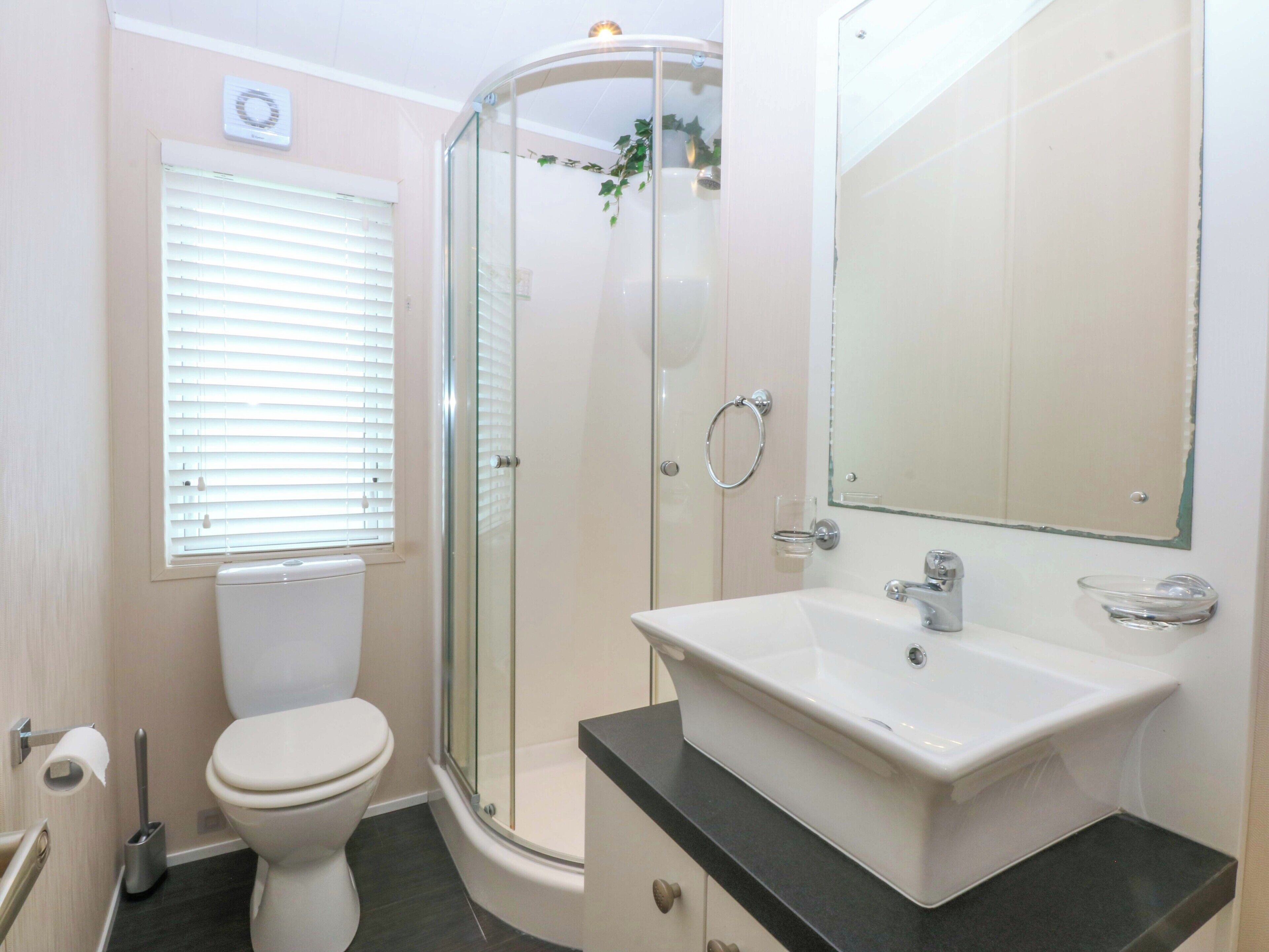 A bathroom with a toilet, a glass-enclosed shower, a sink, and a mirror.