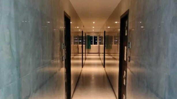 A corridor with marble walls and a carpeted floor, leading to a door at the end.