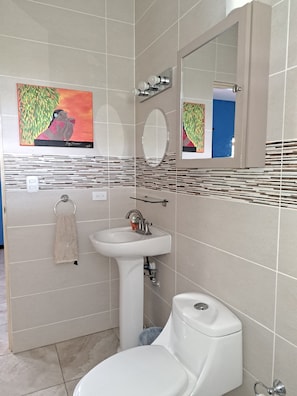 Shower, towels, soap, toilet paper