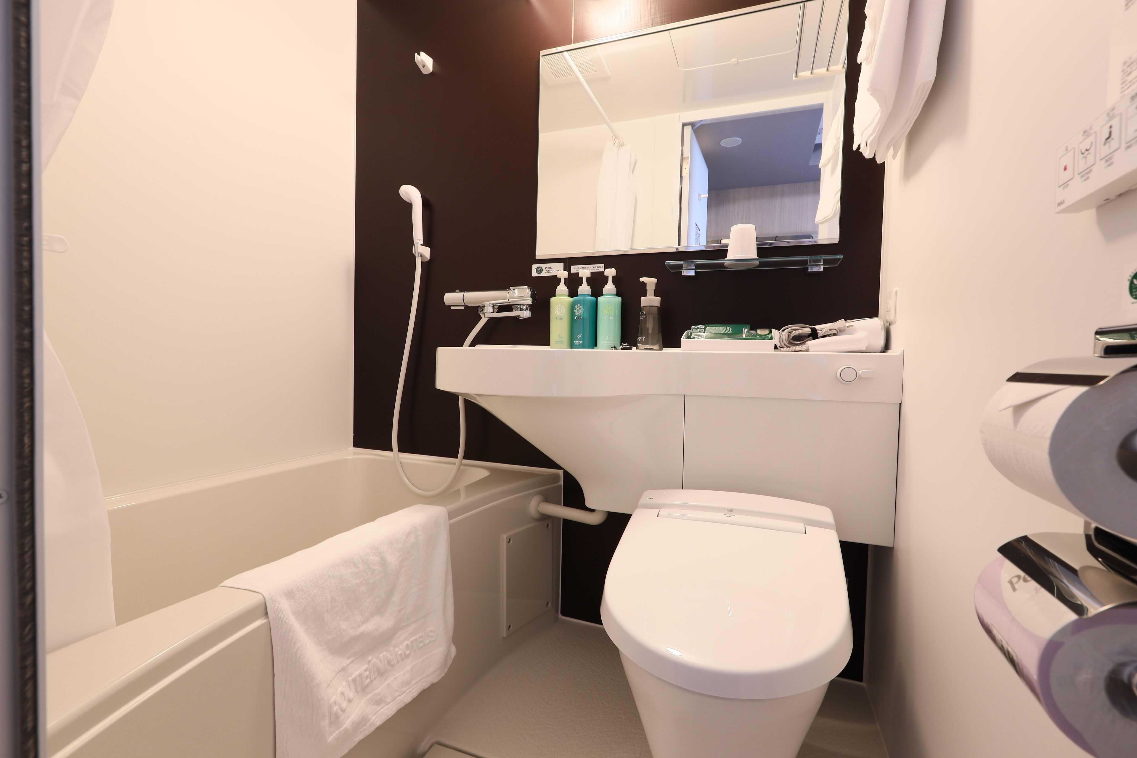 Combined shower/bathtub, free toiletries, hair dryer, slippers