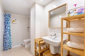 Chuveiro, secador de cabelo, toalhas de banho 